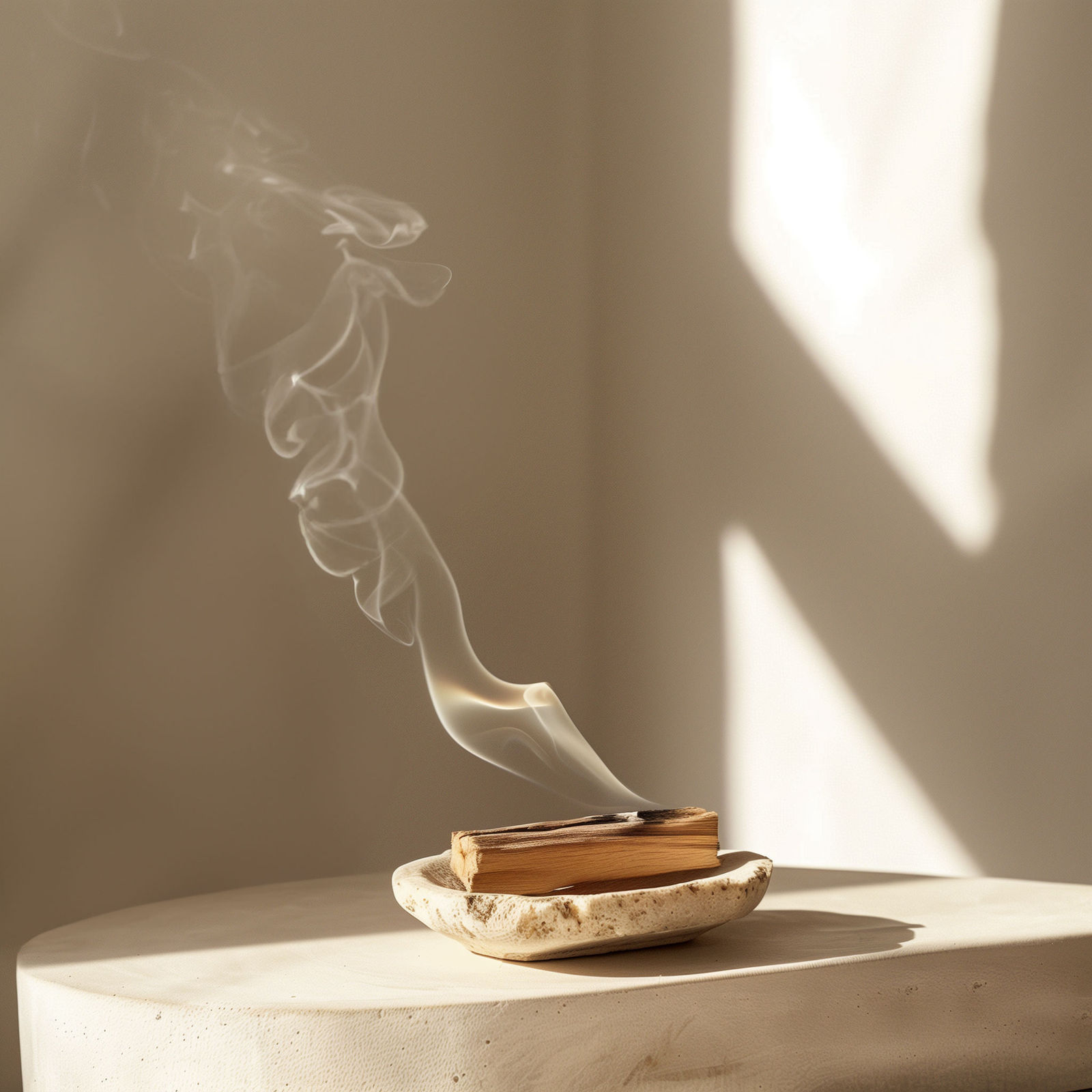 A piece of palo santo wood burning on a small clay dish with sunlight casting shadows