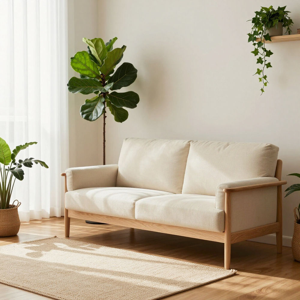 White couch with a wooden modern frame next to a sheer white curtain with sunlight glowing through, oak wood flooring, beige walls, and fig plants