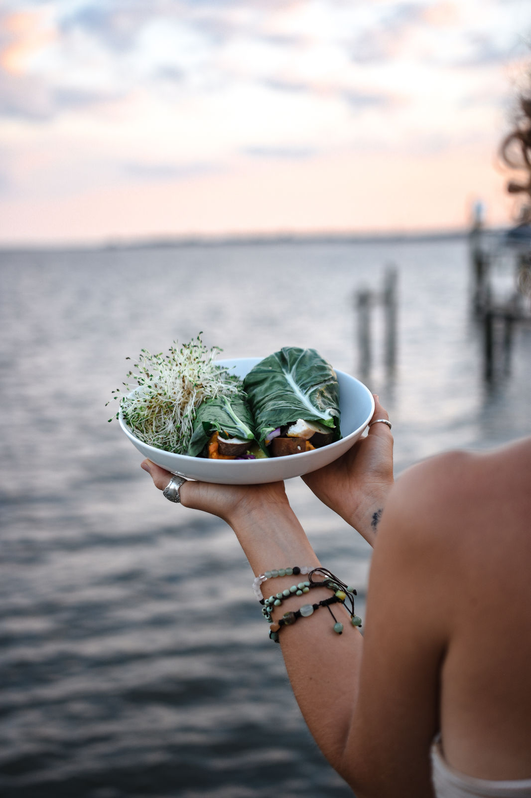 Healthy plant-based veggie wrap on a dock overlooking the bay