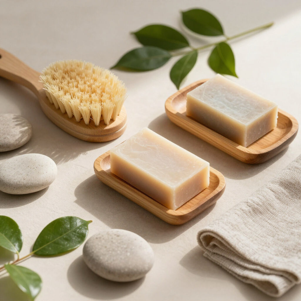 Natural eco-friendly cleaning supplies arranged with greenery